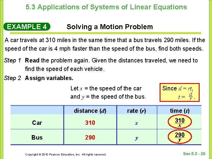 5. 3 Applications of Systems of Linear Equations EXAMPLE 4 Solving a Motion Problem