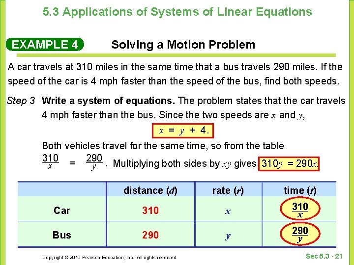 5. 3 Applications of Systems of Linear Equations EXAMPLE 4 Solving a Motion Problem
