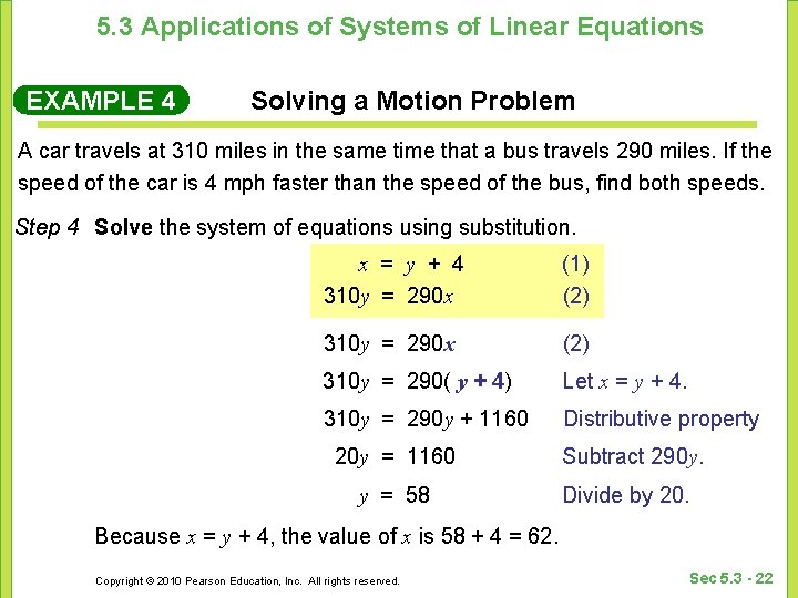5. 3 Applications of Systems of Linear Equations EXAMPLE 4 Solving a Motion Problem