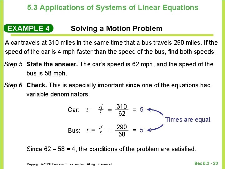 5. 3 Applications of Systems of Linear Equations EXAMPLE 4 Solving a Motion Problem