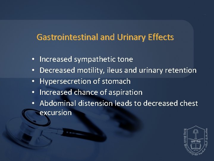 Gastrointestinal and Urinary Effects • • • Increased sympathetic tone Decreased motility, ileus and Gastrointestinal and Urinary Effects • • • Increased sympathetic tone Decreased motility, ileus and