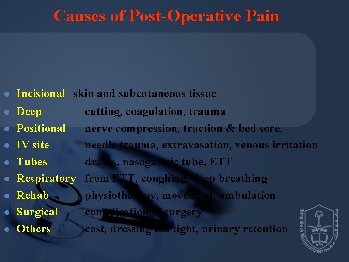 Causes of Post-Operative Pain l Incisional skin and subcutaneous tissue l Deep Positional IV Causes of Post-Operative Pain l Incisional skin and subcutaneous tissue l Deep Positional IV