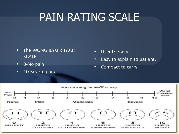 PAIN RATING SCALE • The WONG BAKER FACES SCALE. • 0 -No pain • PAIN RATING SCALE • The WONG BAKER FACES SCALE. • 0 -No pain •
