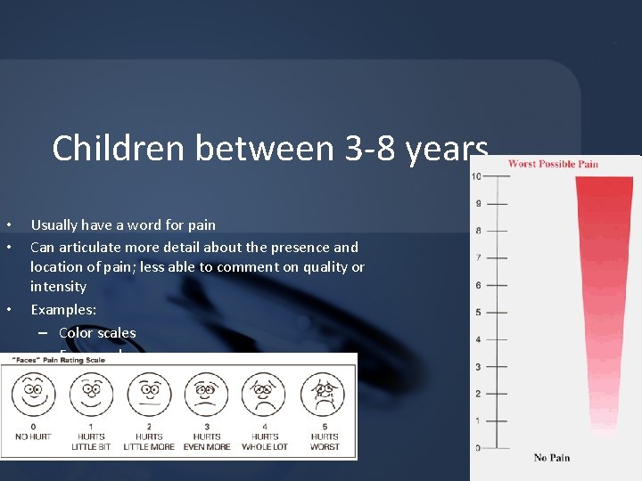 Children between 3 -8 years • • • Usually have a word for pain Children between 3 -8 years • • • Usually have a word for pain