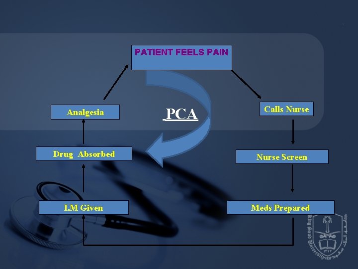 PATIENT FEELS PAIN Analgesia PCA Calls Nurse Drug Absorbed Nurse Screen I. M Given PATIENT FEELS PAIN Analgesia PCA Calls Nurse Drug Absorbed Nurse Screen I. M Given