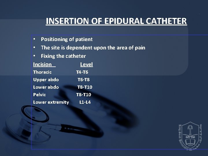 INSERTION OF EPIDURAL CATHETER • Positioning of patient • The site is dependent upon INSERTION OF EPIDURAL CATHETER • Positioning of patient • The site is dependent upon