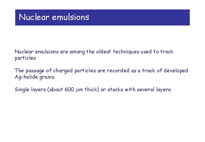 Nuclear emulsions are among the oldest techniques used to track particles The passage of