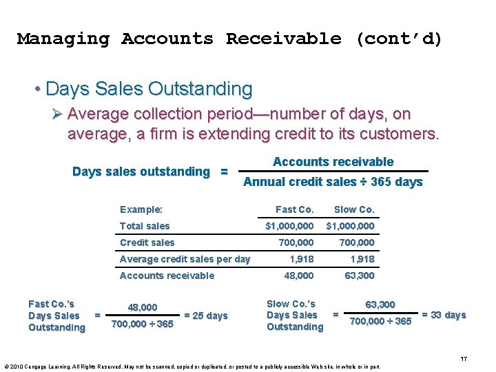 Managing Accounts Receivable (cont’d) • Days Sales Outstanding Ø Average collection period—number of days,