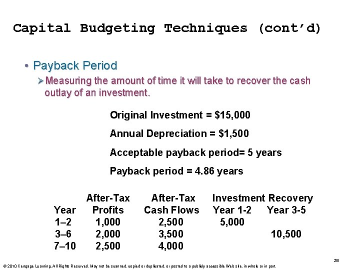 Capital Budgeting Techniques (cont’d) • Payback Period ØMeasuring the amount of time it will