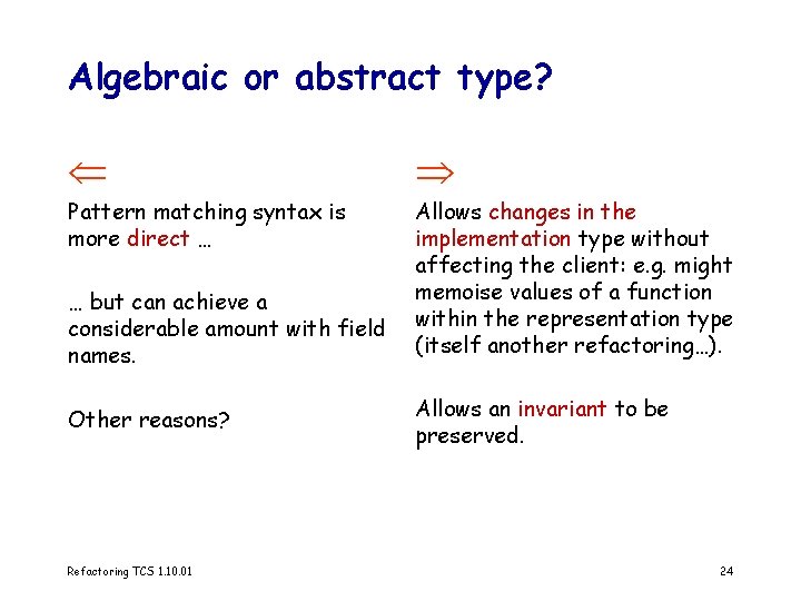 Algebraic or abstract type? Pattern matching syntax is more direct … Allows changes in