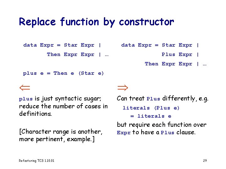 Replace function by constructor data Expr = Star Expr | Then Expr | …