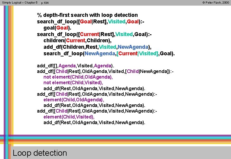 Simply Logical – Chapter 5 p. 104 % depth-first search with loop detection search_df_loop([Goal|Rest],