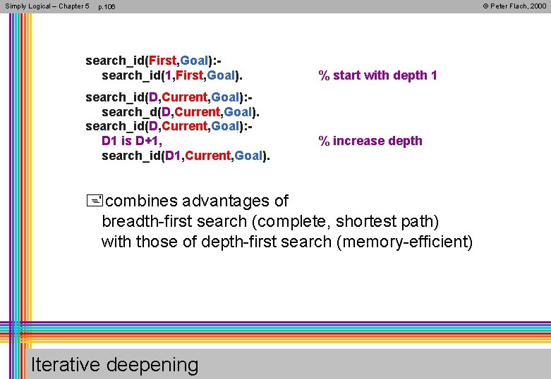 Simply Logical – Chapter 5 © Peter Flach, 2000 p. 106 search_id(First, Goal): search_id(1,