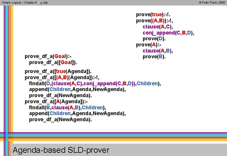 Simply Logical – Chapter 5 © Peter Flach, 2000 p. 108 prove_df_a(Goal): prove_df_a([Goal]). prove(true):