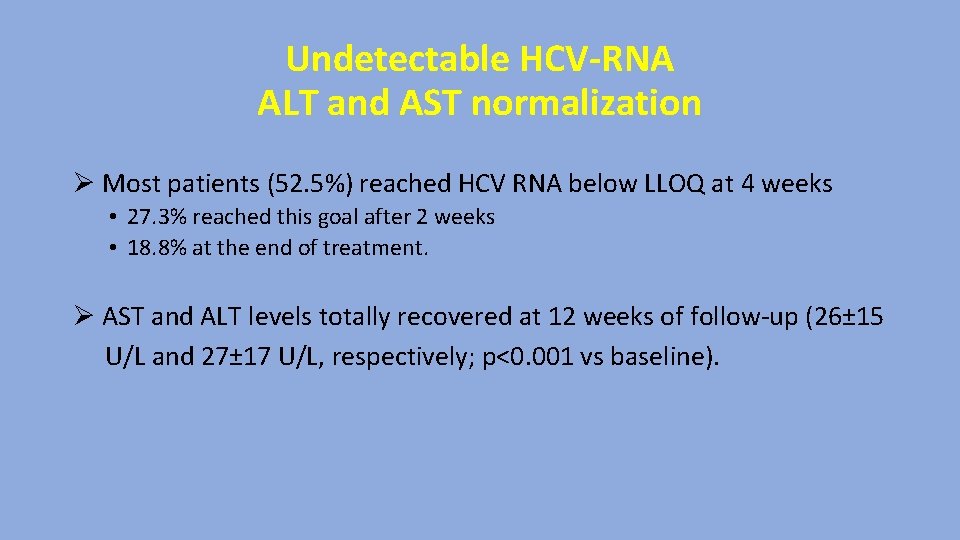 Undetectable HCV-RNA ALT and AST normalization Ø Most patients (52. 5%) reached HCV RNA