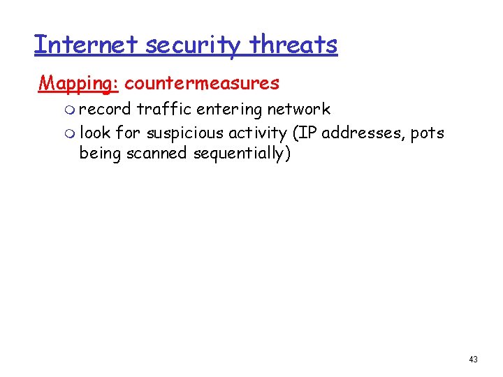 Internet security threats Mapping: countermeasures m record traffic entering network m look for suspicious