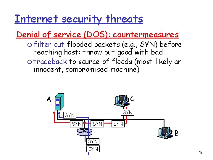 Internet security threats Denial of service (DOS): countermeasures m filter out flooded packets (e.