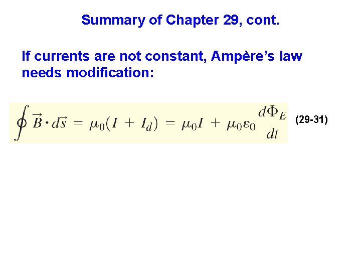 Summary of Chapter 29, cont. If currents are not constant, Ampère’s law needs modification: