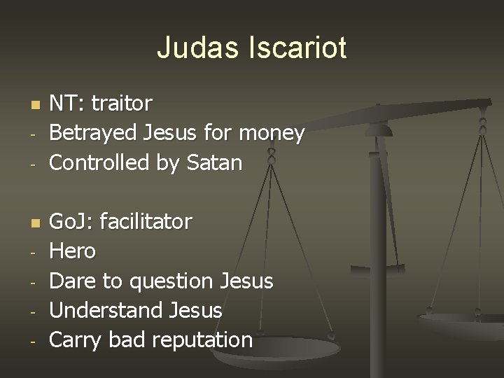 Judas Iscariot n - NT: traitor Betrayed Jesus for money Controlled by Satan Go.