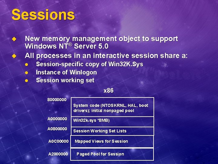 Sessions u u New memory management object to support Windows NT® Server 5. 0