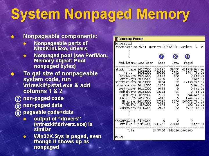System Nonpaged Memory u Nonpageable components: l l u Nonpageable parts of Ntos. Krnl.