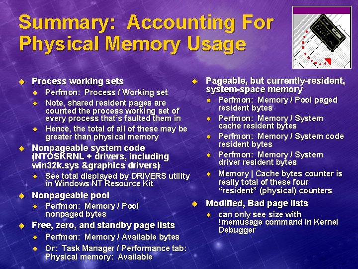 Summary: Accounting For Physical Memory Usage u Process working sets l l l u