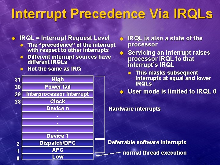 Interrupt Precedence Via IRQLs u IRQL = Interrupt Request Level l u The “precedence”