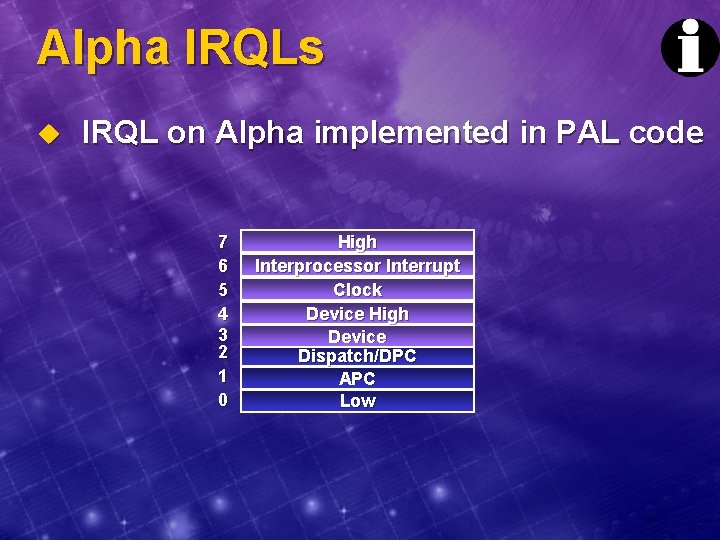 Alpha IRQLs u IRQL on Alpha implemented in PAL code 7 6 5 4