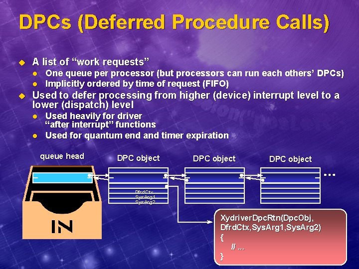 DPCs (Deferred Procedure Calls) u A list of “work requests” l l u One