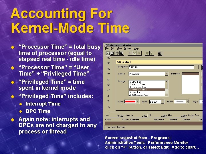 Accounting For Kernel-Mode Time u u “Processor Time” = total busy time of processor