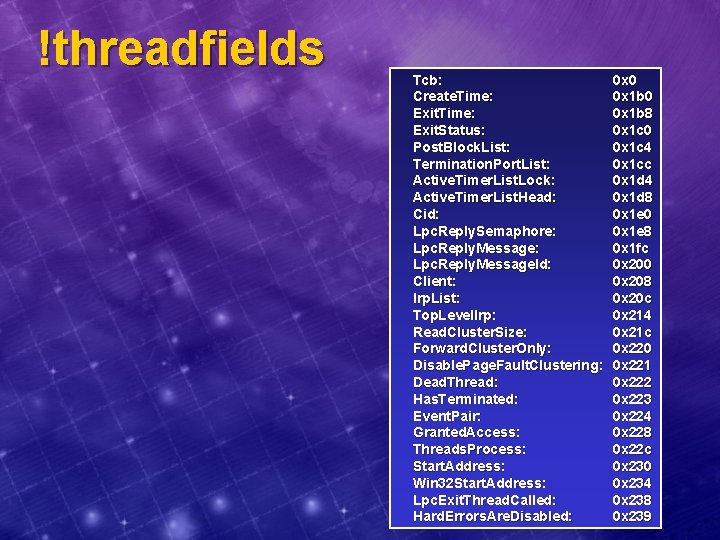 !threadfields Tcb: Create. Time: Exit. Status: Post. Block. List: Termination. Port. List: Active. Timer.