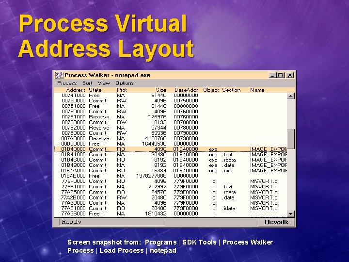 Process Virtual Address Layout Screen snapshot from: Programs | SDK Tools | Process Walker