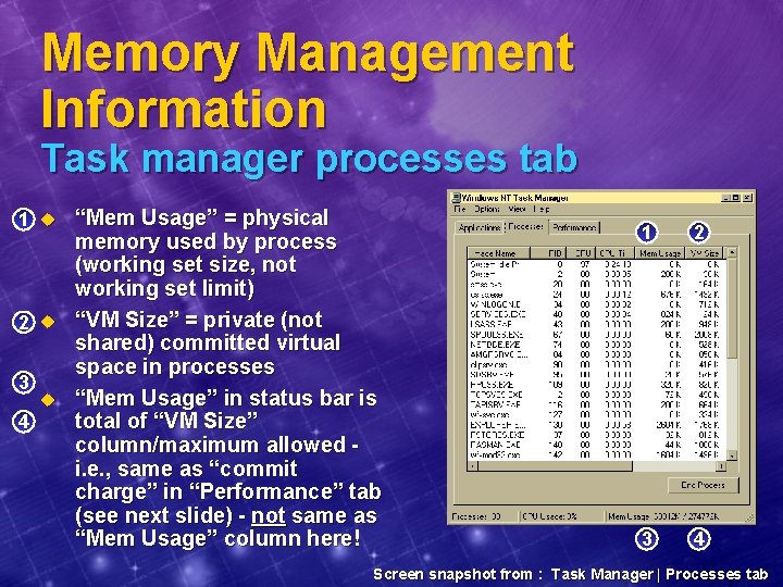 Memory Management Information Task manager processes tab 1 u “Mem Usage” = physical 2