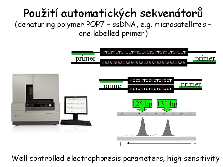 Použití automatických sekvenátorů (denaturing polymer POP 7 – ss. DNA, e. g. microsatellites –
