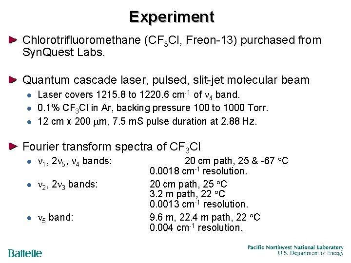 Experiment Chlorotrifluoromethane (CF 3 Cl, Freon-13) purchased from Syn. Quest Labs. Quantum cascade laser,