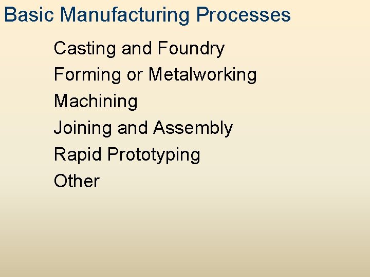 Basic Manufacturing Processes Casting and Foundry Forming or Metalworking Machining Joining and Assembly Rapid