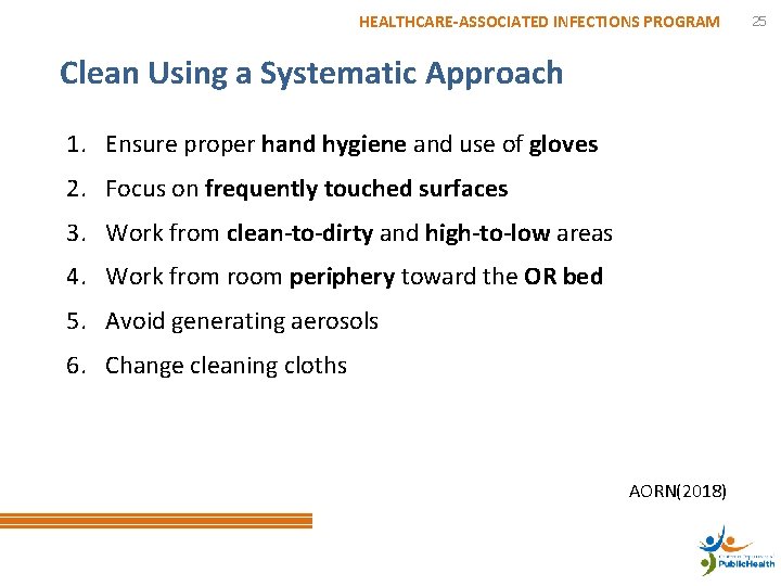 HEALTHCARE-ASSOCIATED INFECTIONS PROGRAM Clean Using a Systematic Approach 1. Ensure proper hand hygiene and