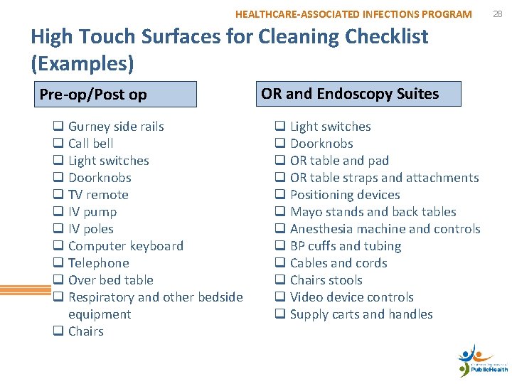 HEALTHCARE-ASSOCIATED INFECTIONS PROGRAM High Touch Surfaces for Cleaning Checklist (Examples) Pre-op/Post op q Gurney