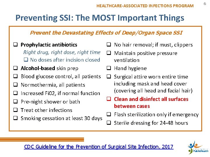 HEALTHCARE-ASSOCIATED INFECTIONS PROGRAM Preventing SSI: The MOST Important Things Prevent the Devastating Effects of