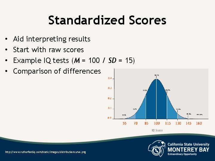 Standardized Scores • • Aid interpreting results Start with raw scores Example IQ tests