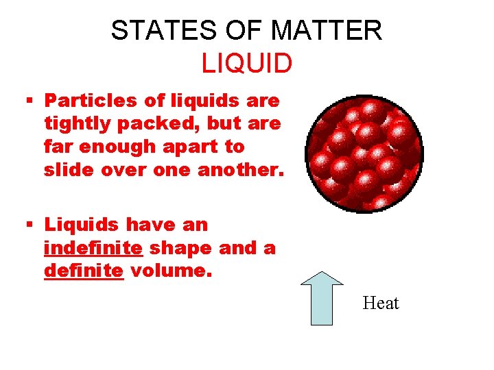 STATES OF MATTER LIQUID § Particles of liquids are tightly packed, but are far