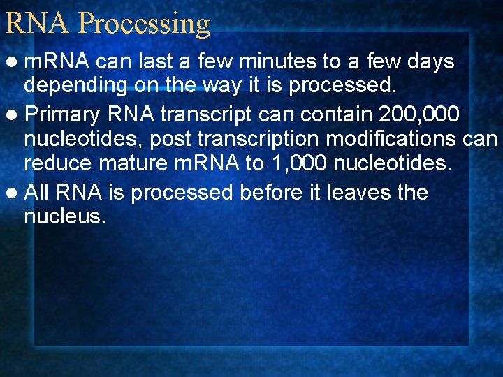 RNA Processing l m. RNA can last a few minutes to a few days