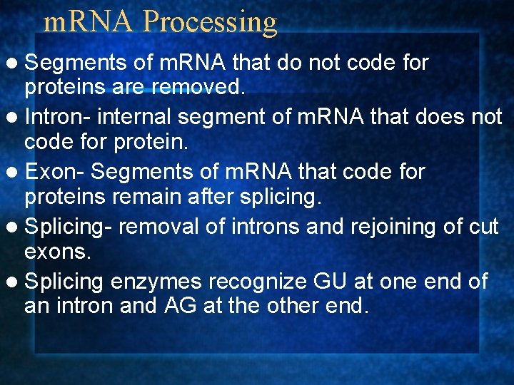 m. RNA Processing l Segments of m. RNA that do not code for proteins