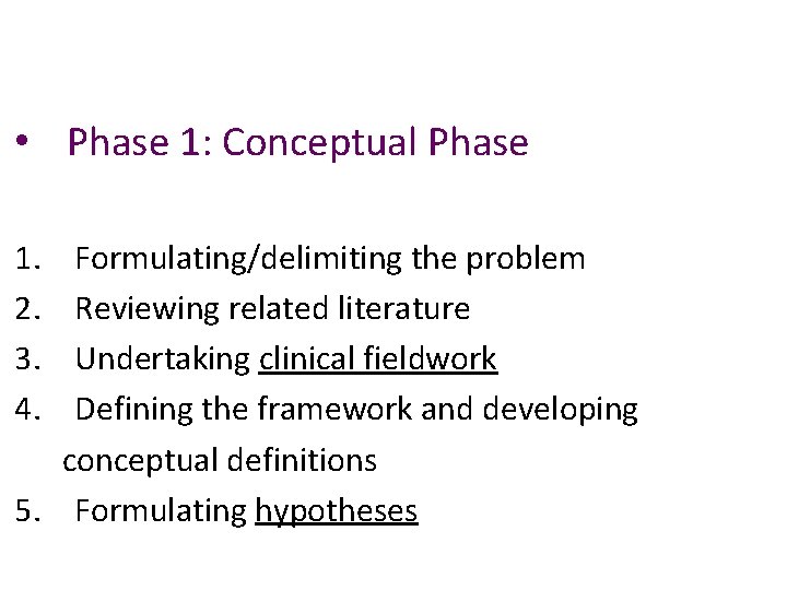  • Phase 1: Conceptual Phase 1. 2. 3. 4. Formulating/delimiting the problem Reviewing