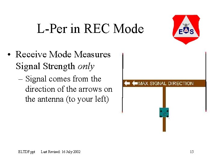 L-Per in REC Mode • Receive Mode Measures Signal Strength only – Signal comes