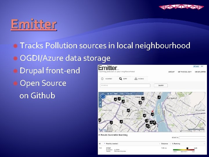 Emitter Tracks Pollution sources in local neighbourhood OGDI/Azure data storage Drupal front-end Open Source