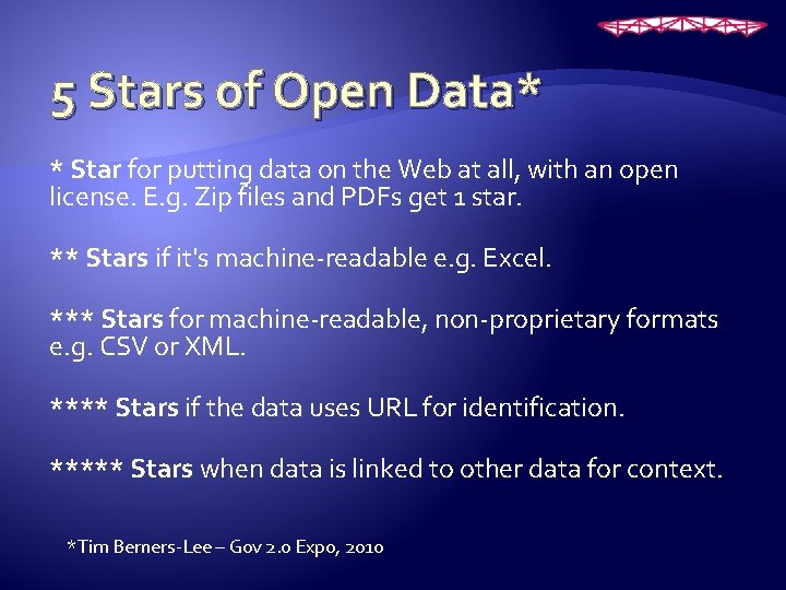 5 Stars of Open Data* * Star for putting data on the Web at