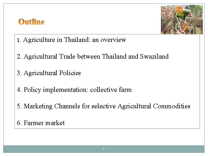 1. Agriculture in Thailand: an overview 2. Agricultural Trade between Thailand Swaziland 3. Agricultural