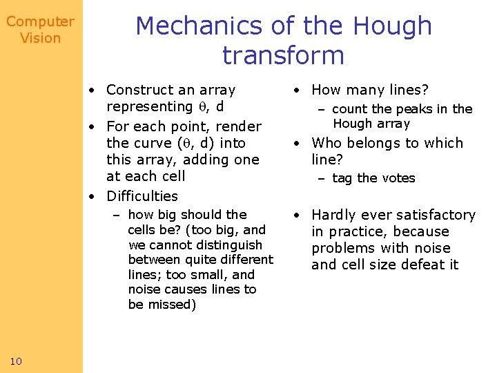 Computer Vision Mechanics of the Hough transform • Construct an array representing , d