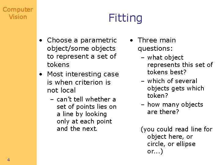 Computer Vision Fitting • Choose a parametric object/some objects to represent a set of